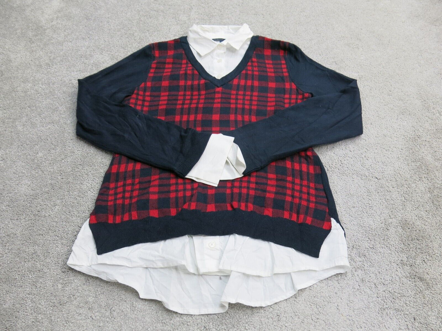 Tommy Hilfiger Women Plaid Layered Sweater Shirt Knitted Red Black Size Small
