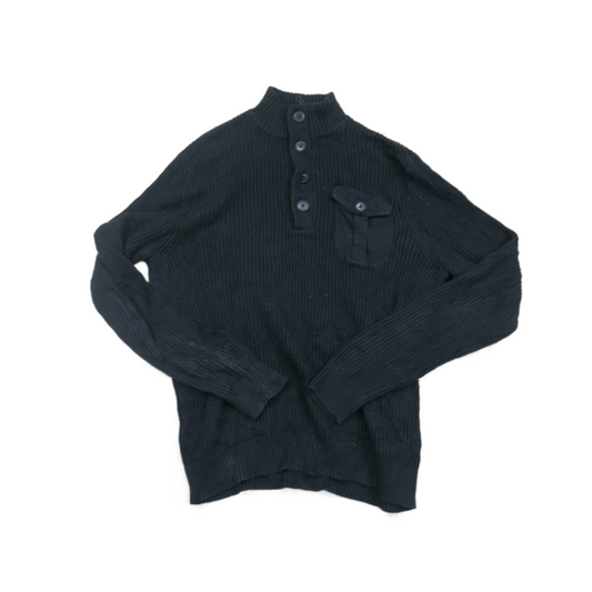 Express Mens Pullover Sweater Long Front Button Pockets Long Sleeves Black SZ L