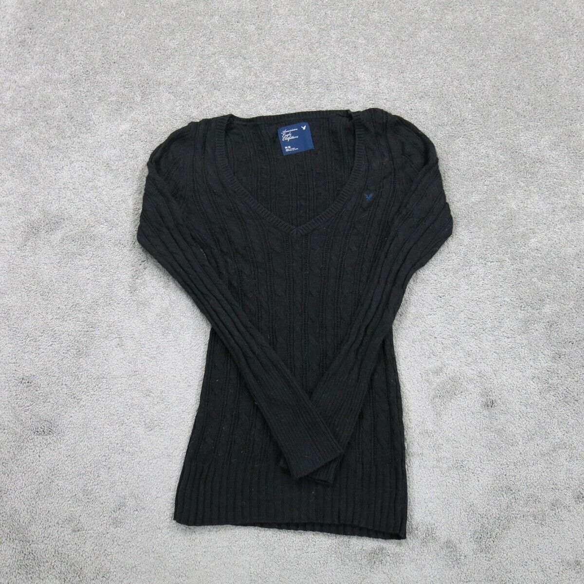 American Eagle Women Pullover Knitted Sweater Long Sleeve Logo Black Size Medium