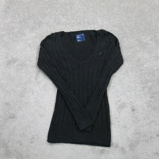 American Eagle Women Pullover Knitted Sweater Long Sleeve Logo Black Size Medium