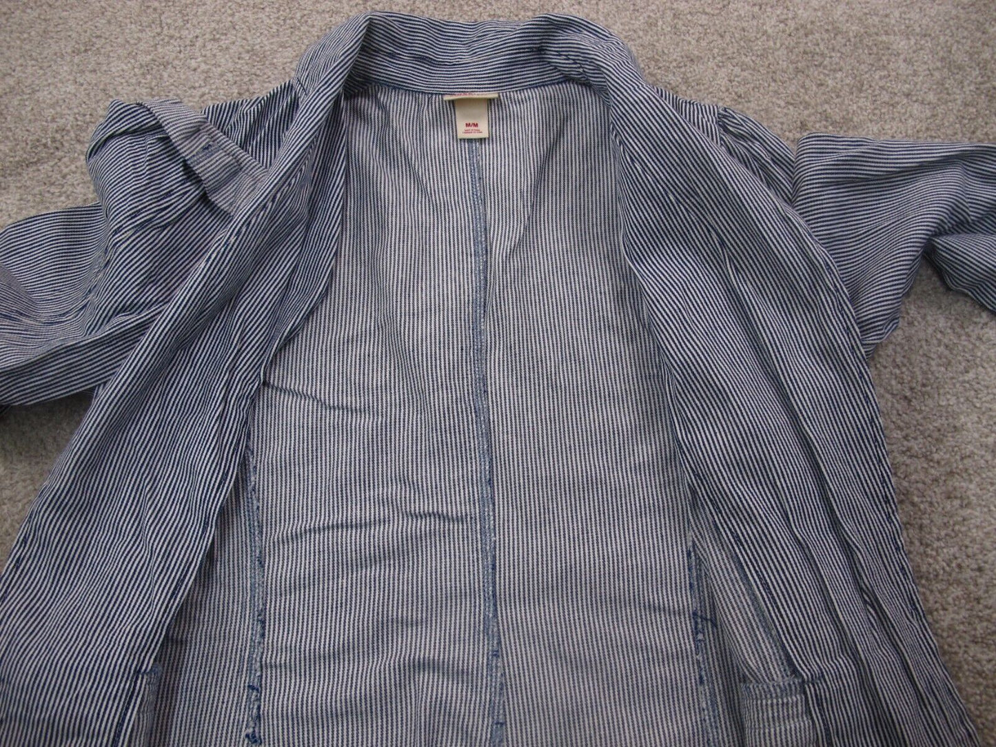 Mossimo Womens Blazer Coat Pin Striped Long Sleeves Pockets Blue White SZ Medium