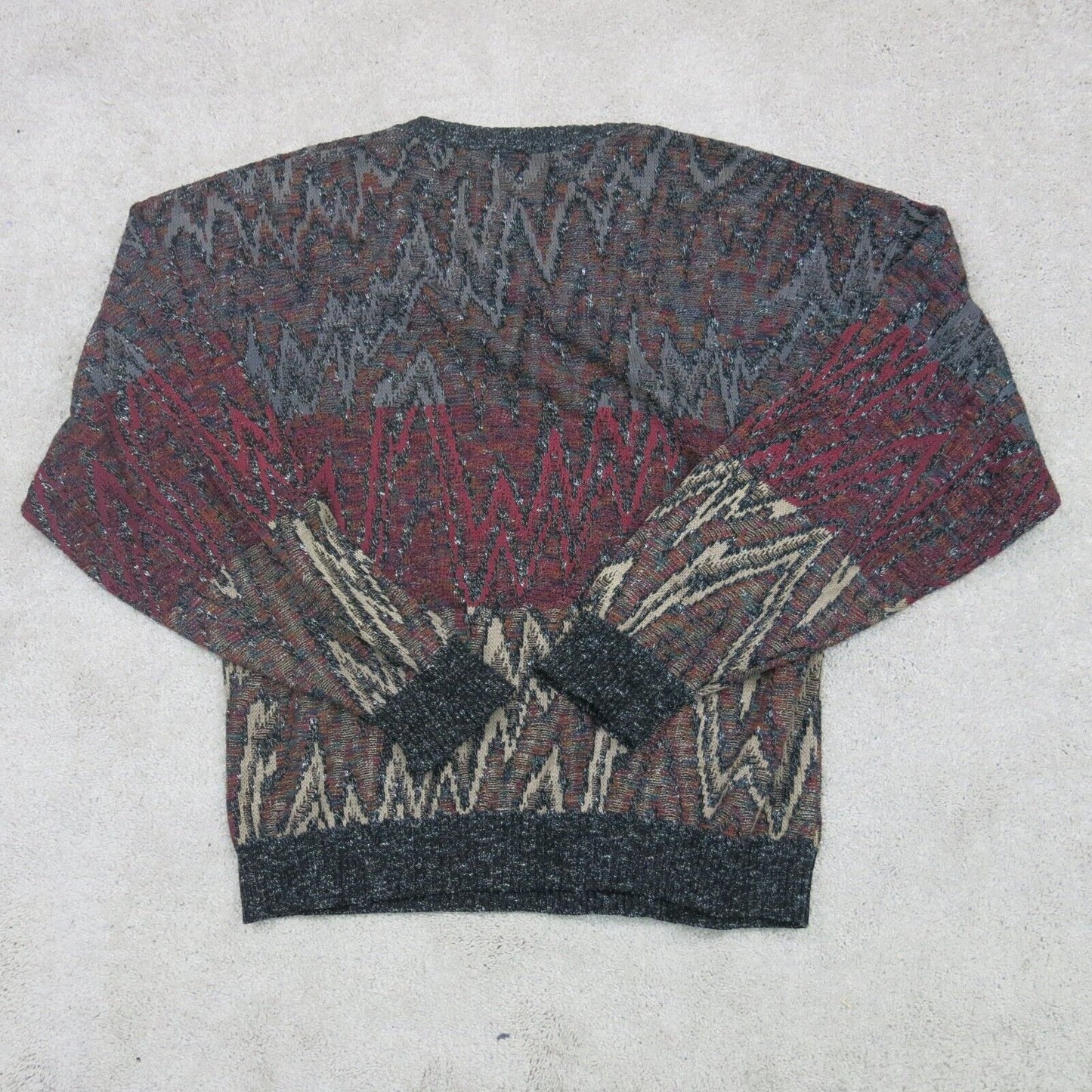 London Fog Womens Pullover Sweater Crew Neck Ribbed Cuff & Hem Waves Red Tan 3X