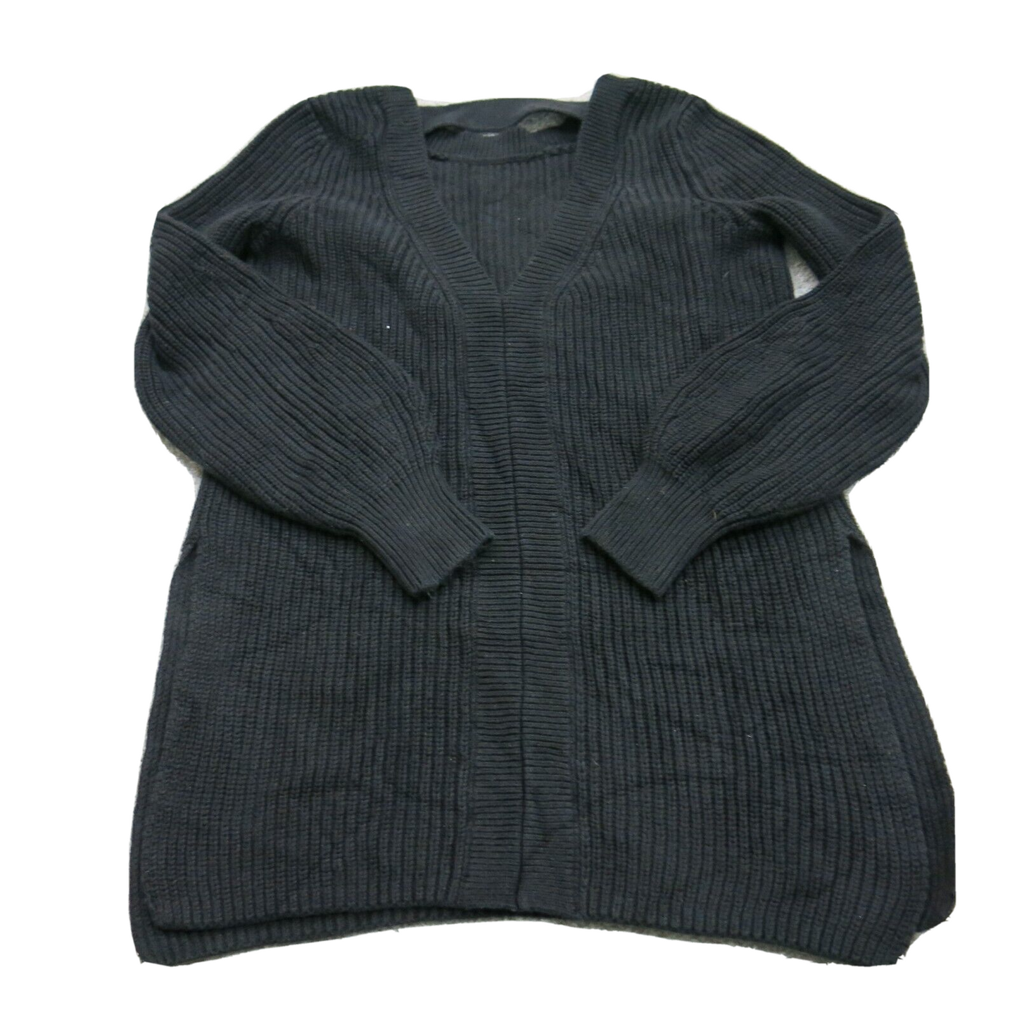 Loft Women Knitted Cardigan Sweater V Neck Balloon Sleeve Side Slit Black Size S