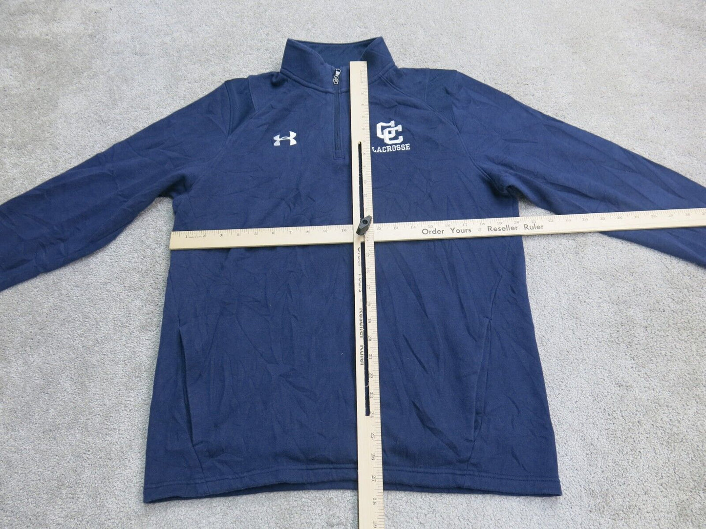 Under Armour Mens Sweater 3/4 Zip Up Sweatshirt Mock Neck Loose Fit Logo Blue SM