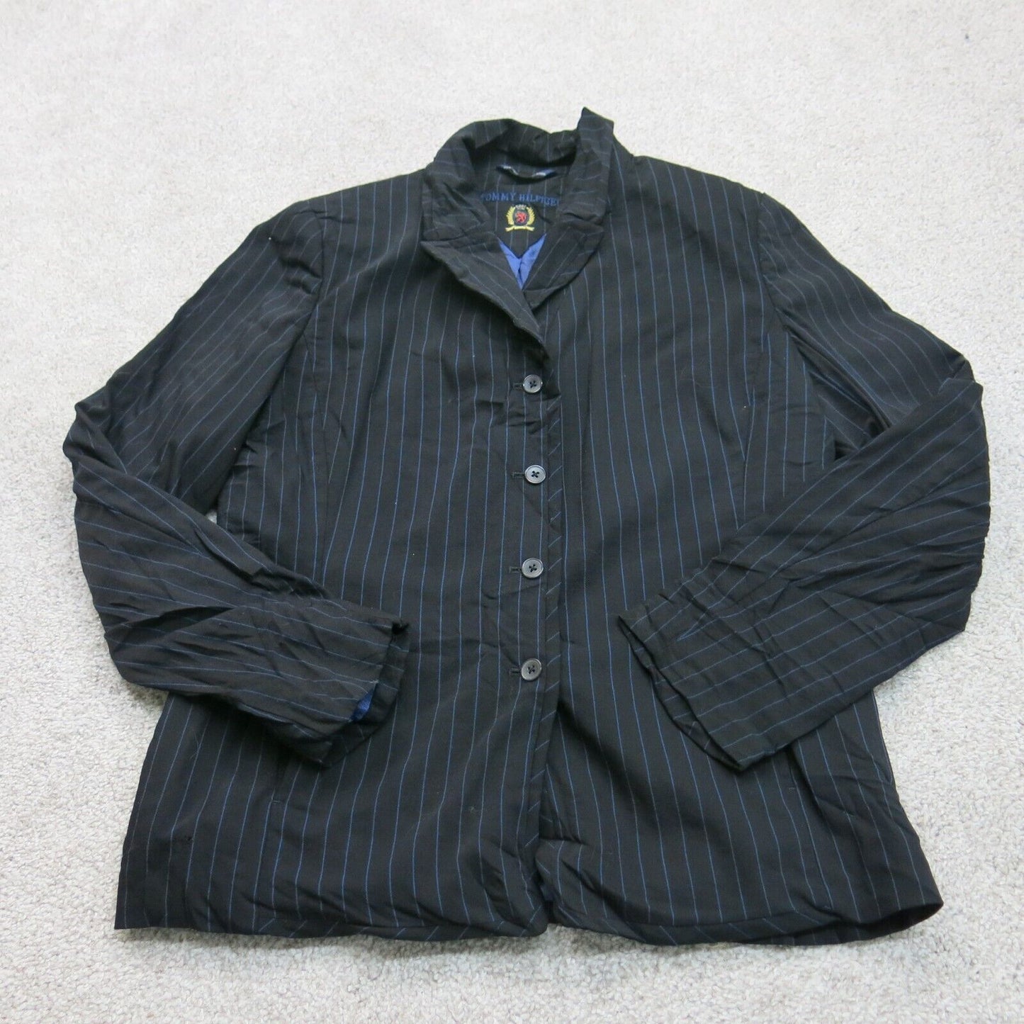 Tommy Hilfiger Women Striped Blazer Coat Single Breasted Long Sleeve Black SZ 6