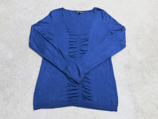 Express Womens Pullover Knitted Sweater V Neck Long Sleeve Ruffle Blue SZ Medium