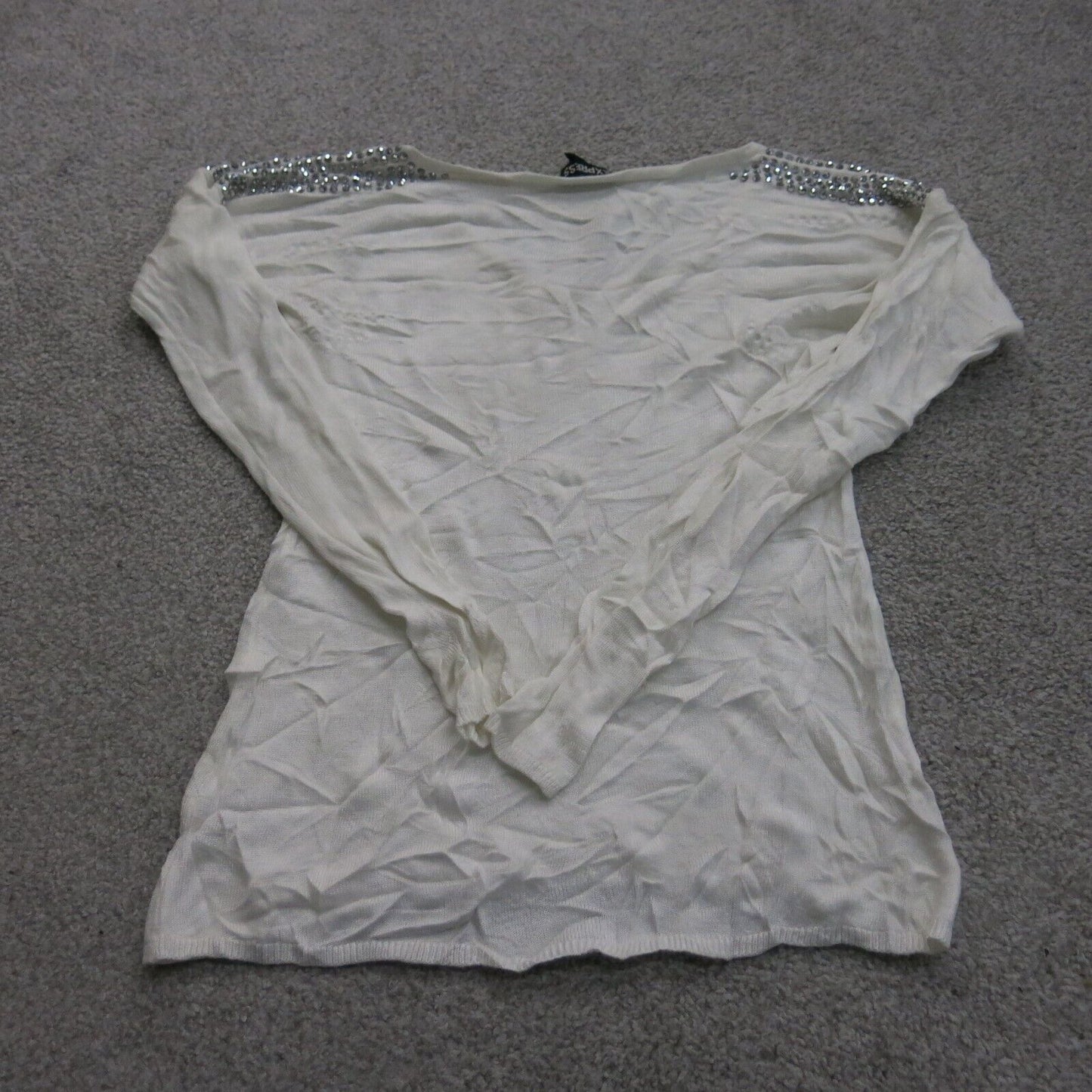 Express Womens Embellished Blouse Top Boat Neck Long Sleeves Solid White Sz XS