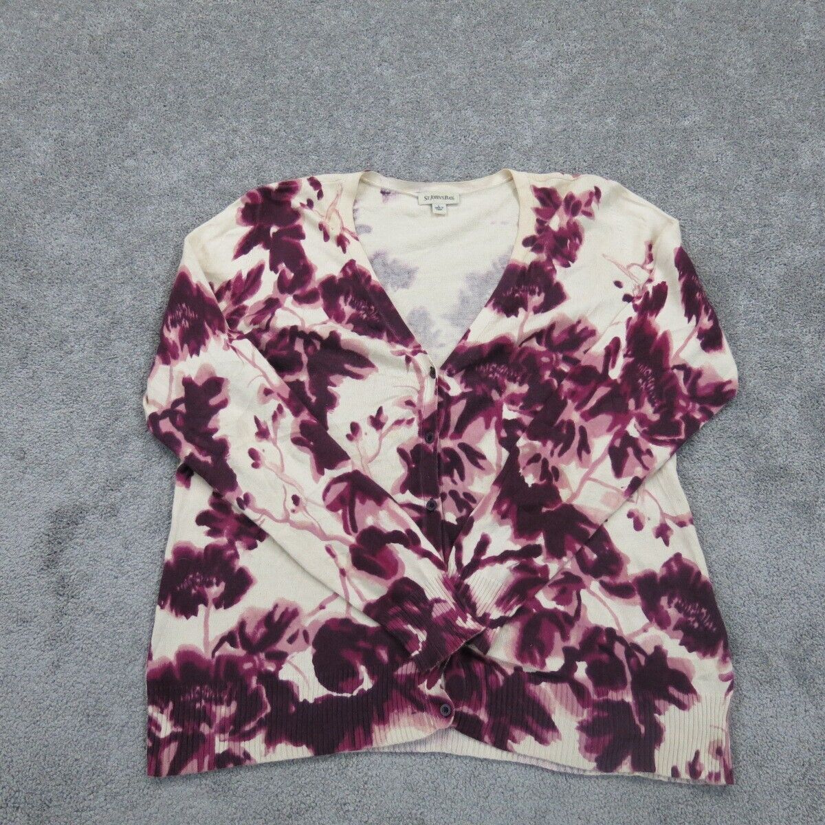 ST Johns Bay Womens Cardigan Sweater Front Button Floral White Red Size Large