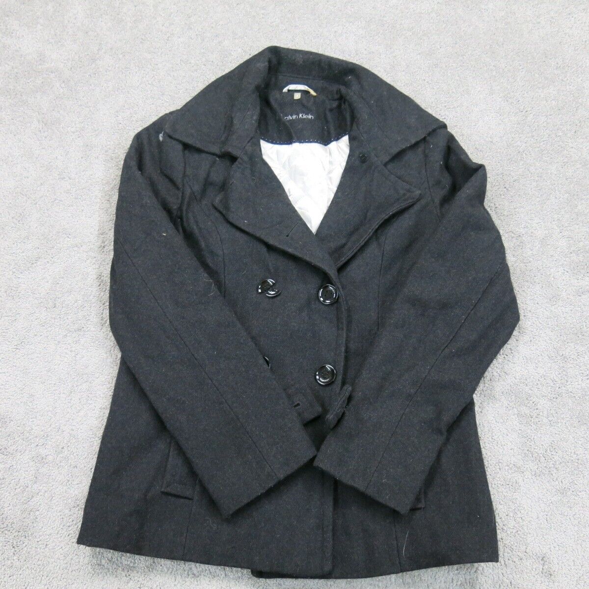 Calvin Klein Womens Pea Coat Double Breasted Long Sleeves Pockets Black Size 6