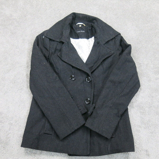 Calvin Klein Womens Pea Coat Double Breasted Long Sleeves Pockets Black Size 6