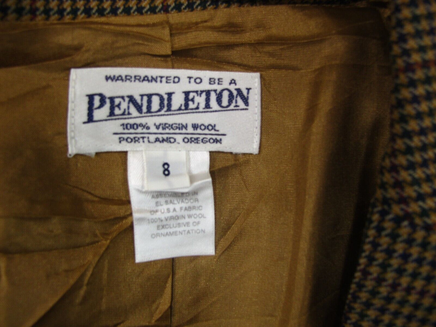 Pendleton Womens Blazer Coat Houndstooth Virgin Wool Long Sleeves Brown Size 8
