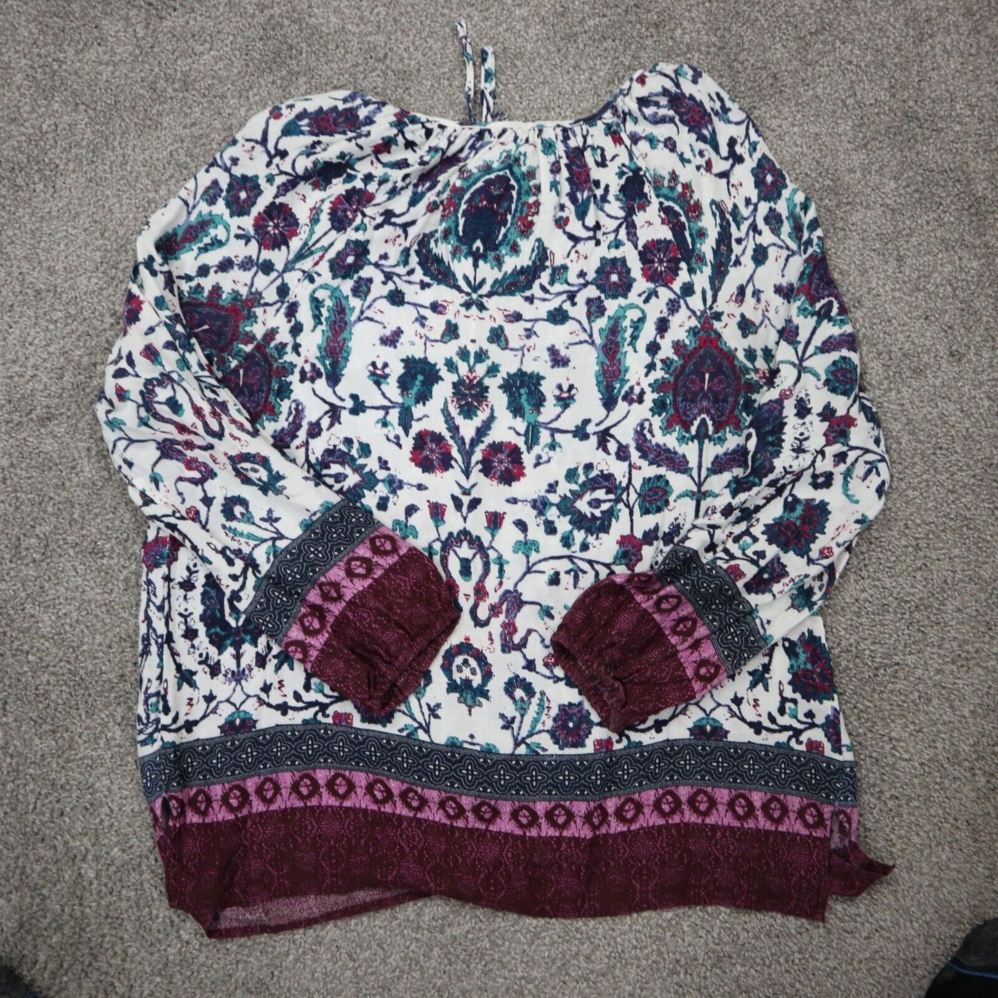 Lucky Brand Womens Floral Tunic Blouse Top Long Sleeve White Maroon Size Large