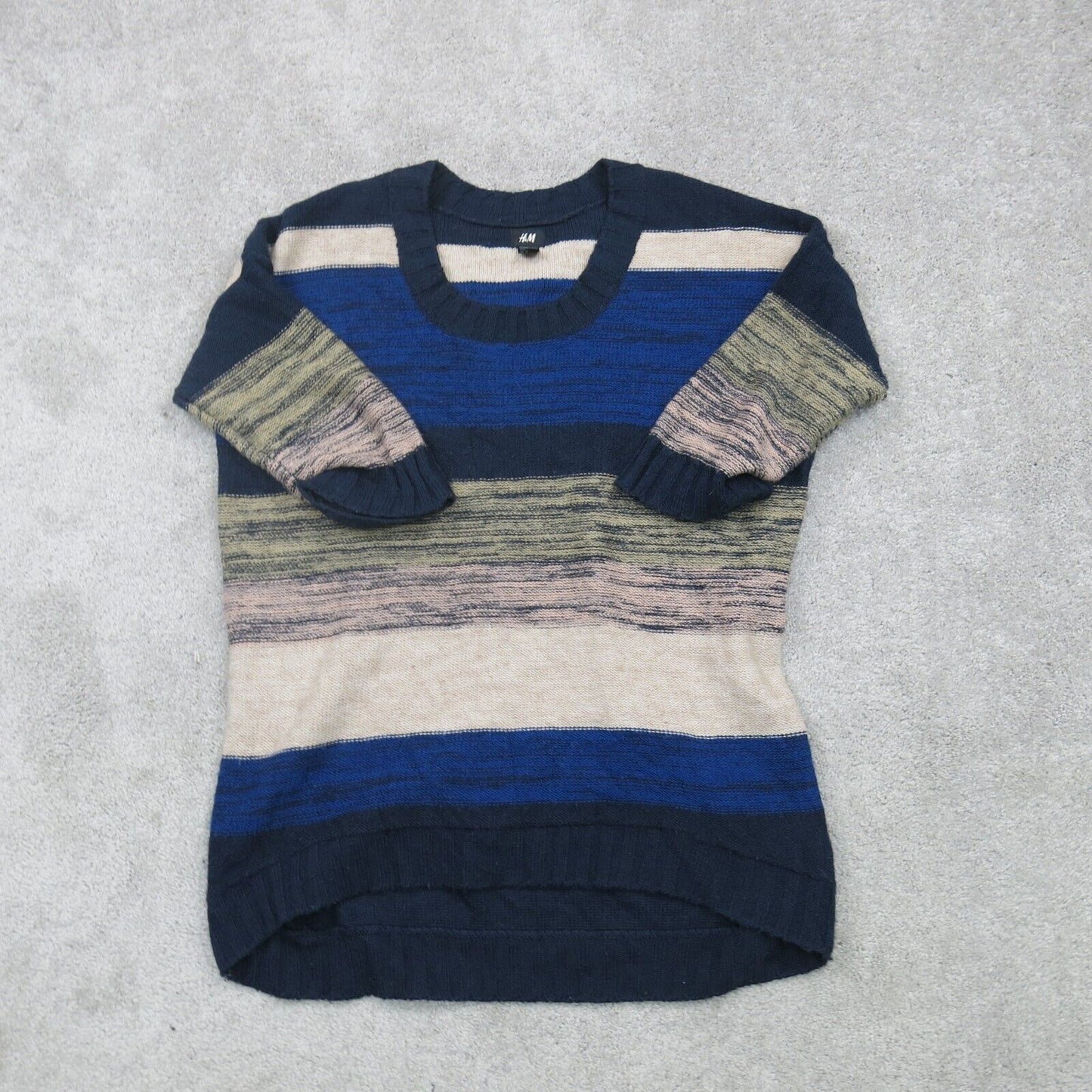 H&M Womens Pullover Sweater Crew Neck Short Sleeve Striped White Blue SZ Medium