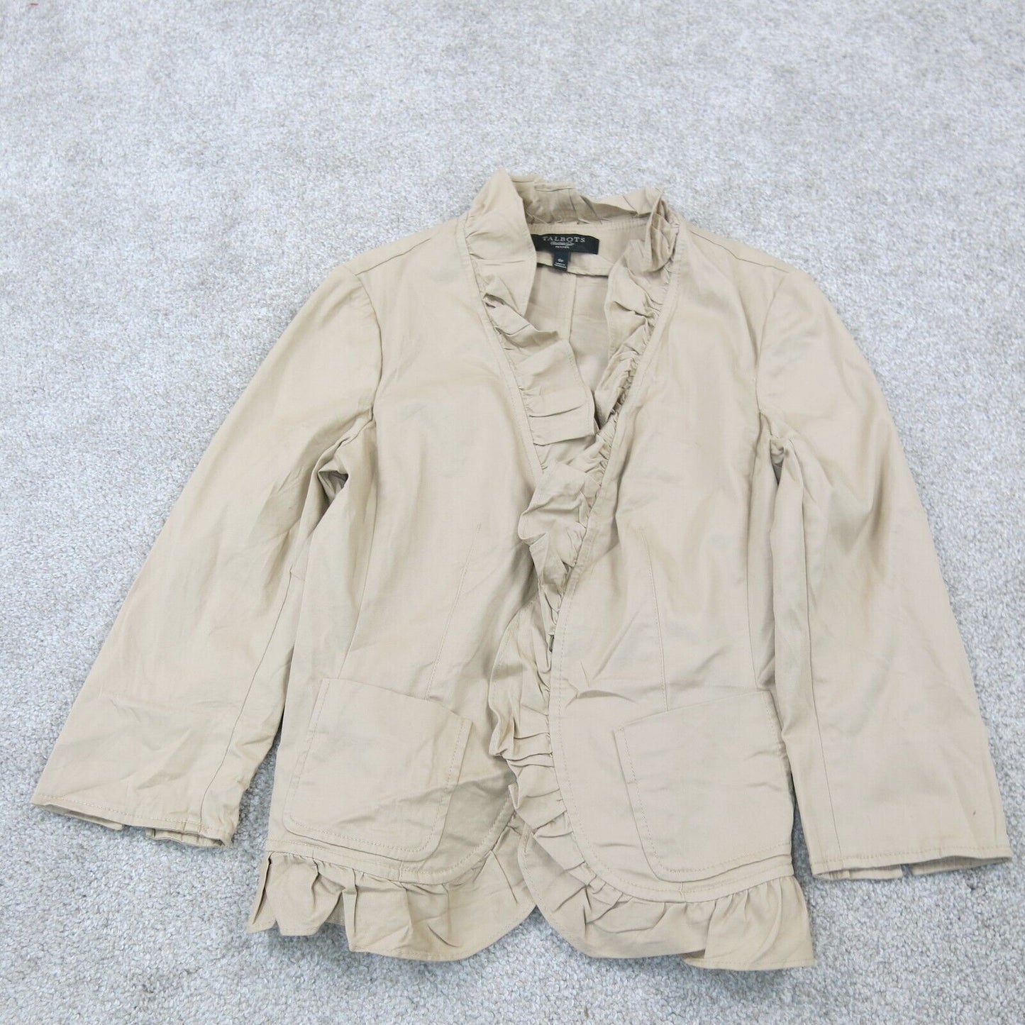 Talbots army Ruffled Blazer Jacket Open Front Long Sleeves Pockets Beige Size 6P