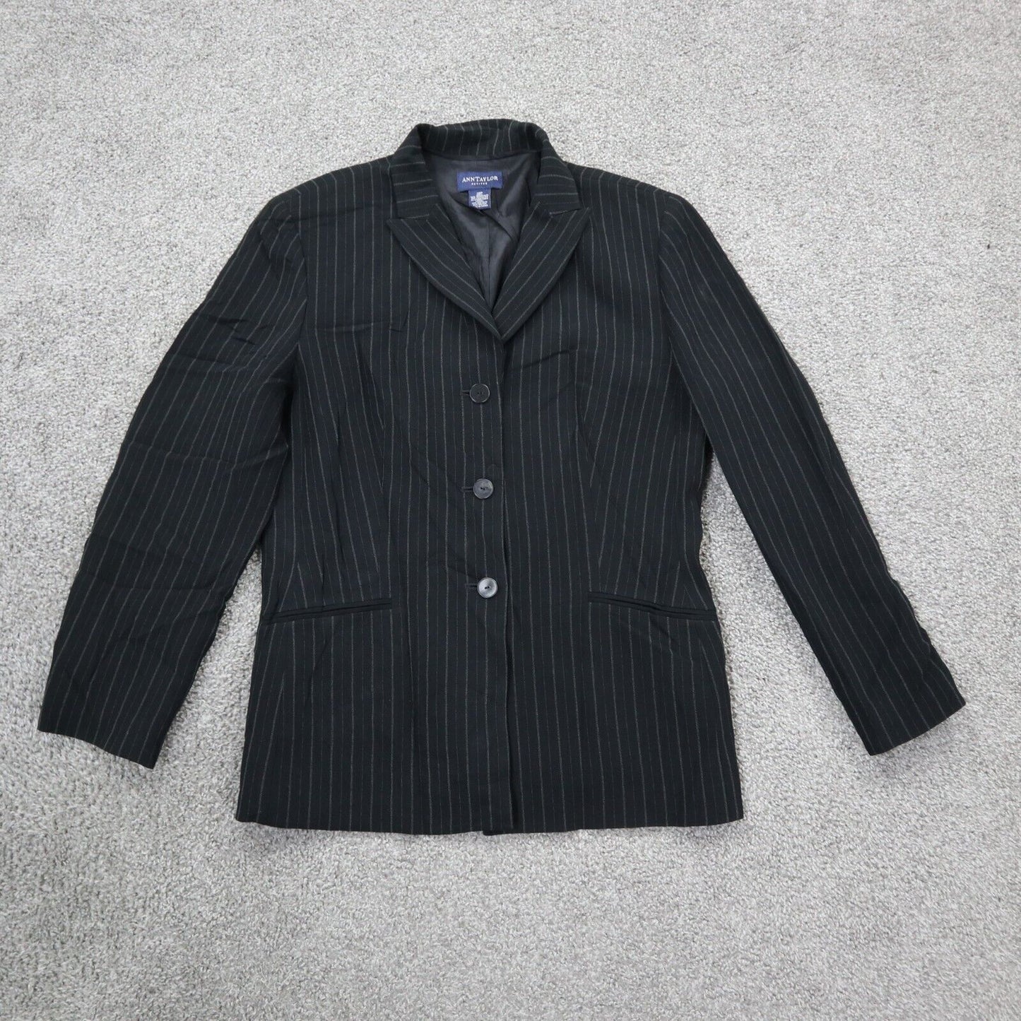 Ann Taylor Womens Striped Blazer Coat Long Sleeve Single Breasted Black Size 12P