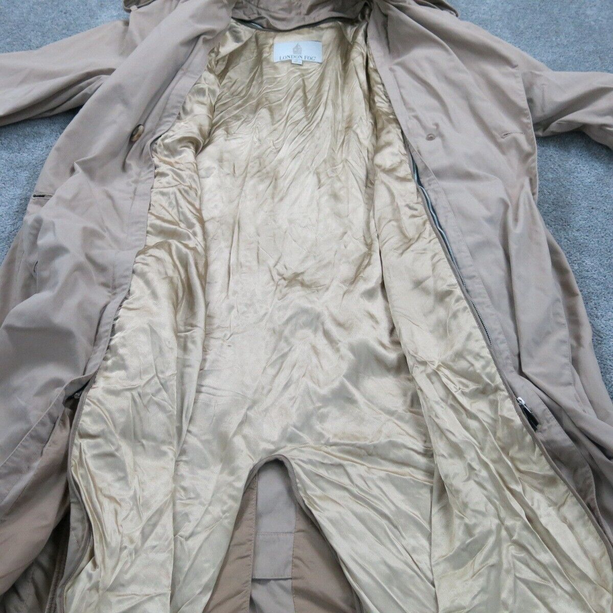 London Fog Mens Trench Coat Double Breasted 3/4 Sleeve Pockets Beige Size 14 Pet