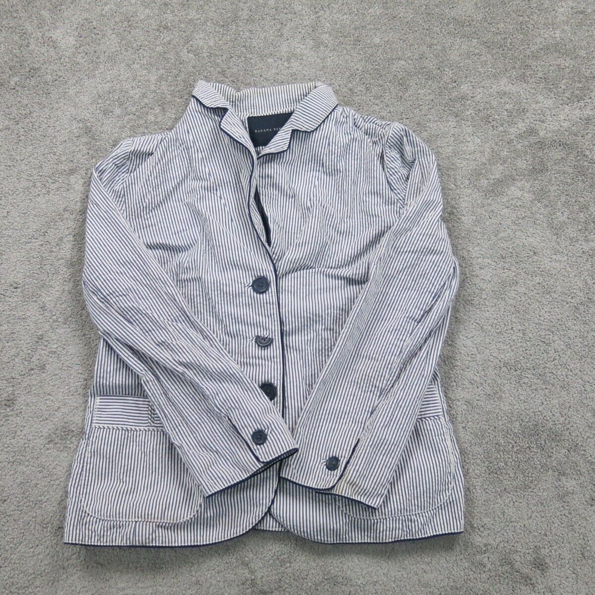 Banana Republic Womens Striped Blazer Coat Single Breasted Pockets Blue White 10