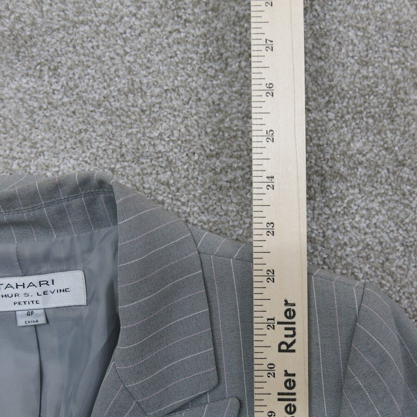 Tahari Womens Blazer Coat Striped Single Breasted Long Sleeves Pocket Gray SZ 4P