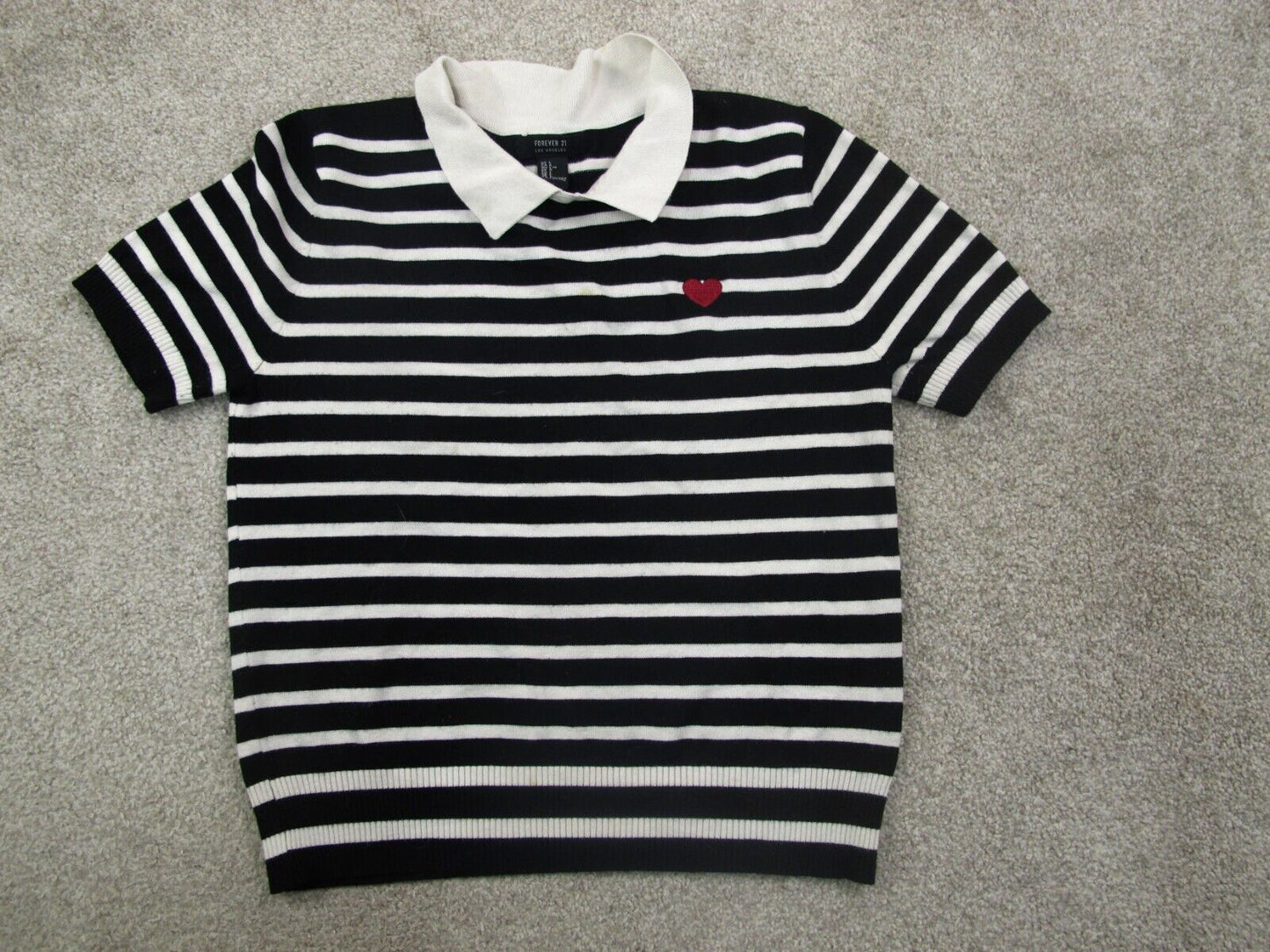 Forever 21 Womens Knitted Polo Sweater Cap Sleeves Striped Black White Size L