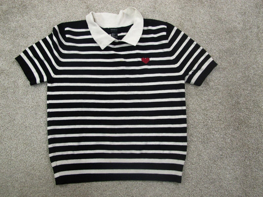 Forever 21 Womens Knitted Polo Sweater Cap Sleeves Striped Black White Size L
