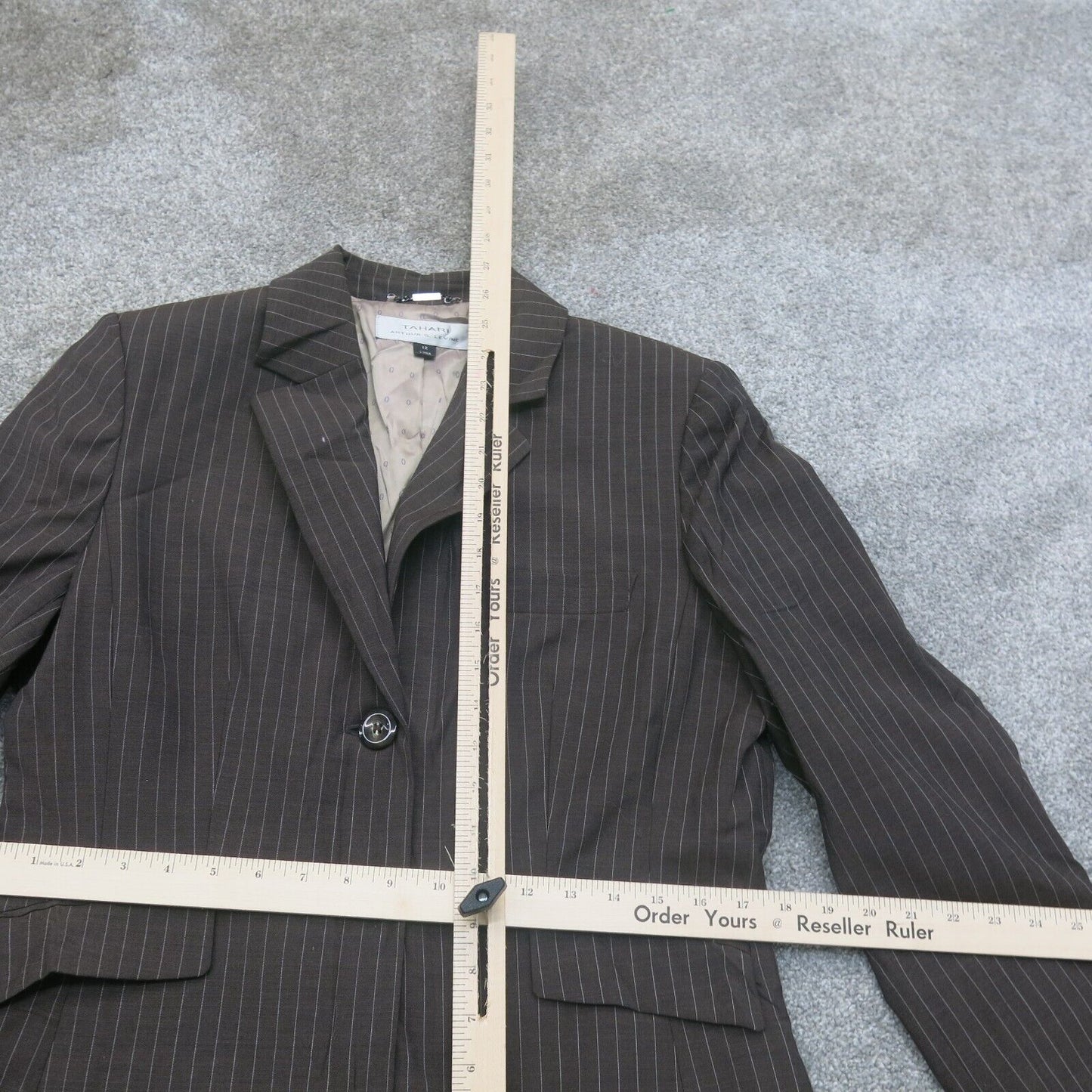 Tahari Women Blazer Coat Striped Single Breasted Long Sleeve Pocket Brown SZ 12