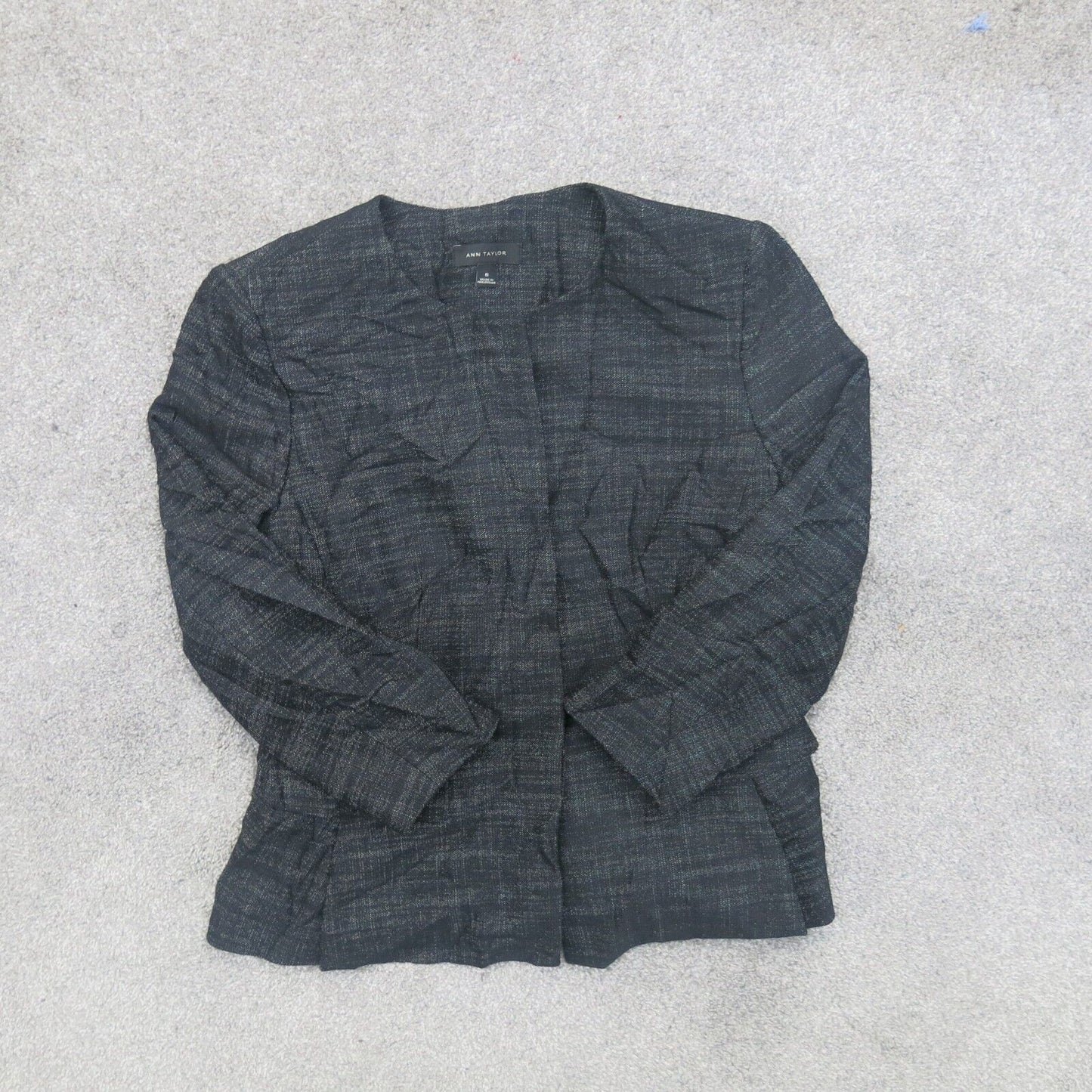 Ann Taylor Womens Basic Tweed Jacket Open Front 3/4 Sleeves Black Size 6