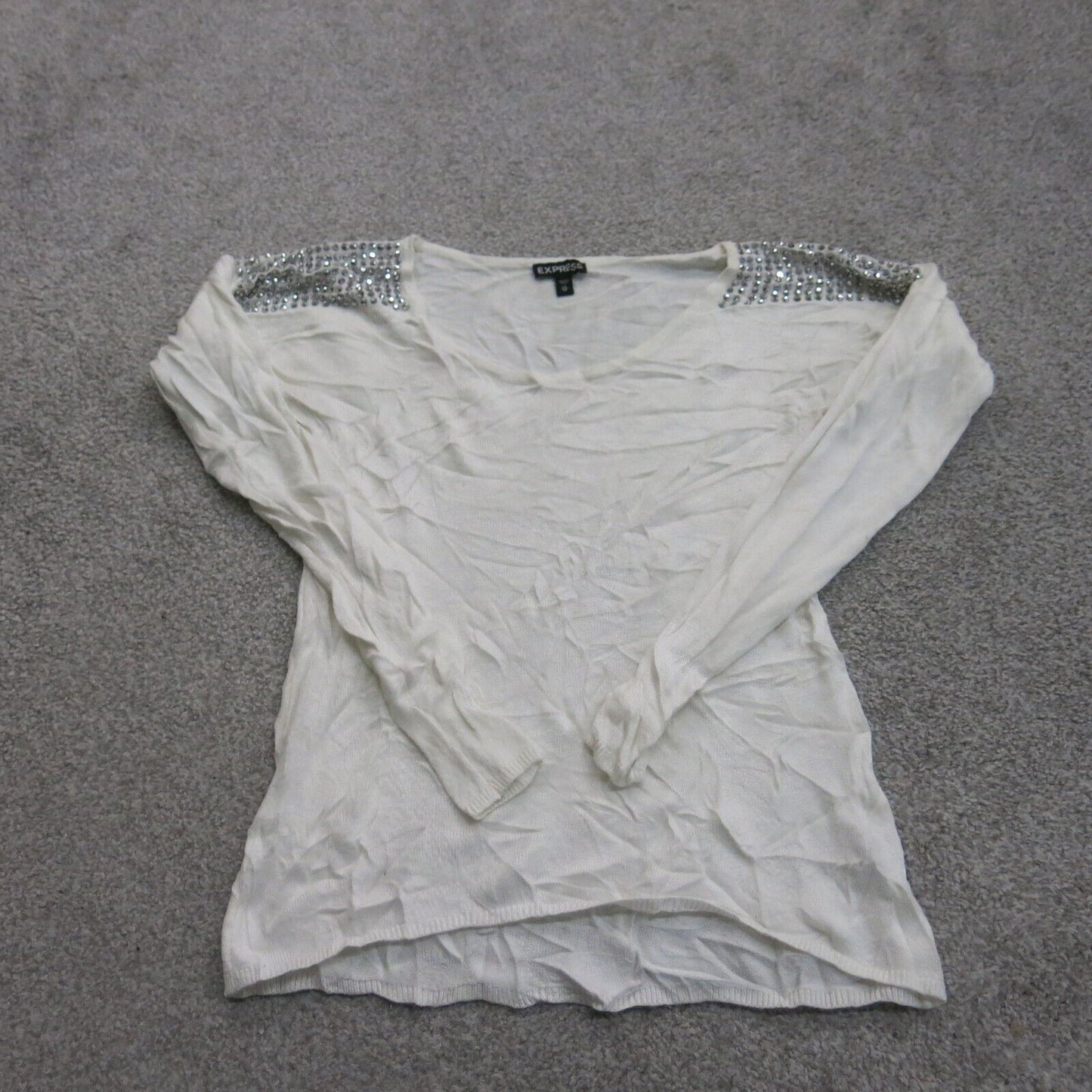 Express Womens Embellished Blouse Top Boat Neck Long Sleeves Solid White Sz XS