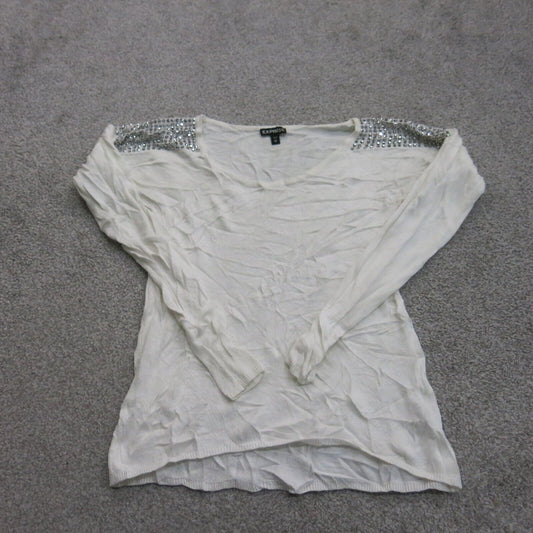 Express Womens Embellished Blouse Top Boat Neck Long Sleeves Solid White Sz XS