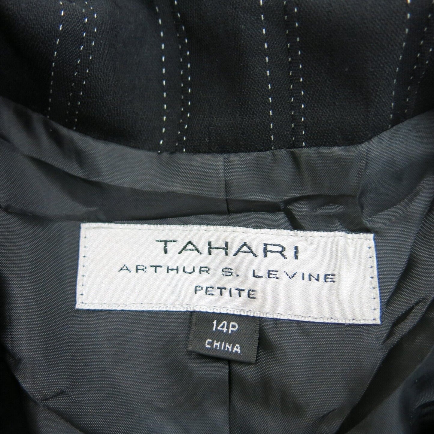 Tahari Womens Blazer Coat Single Breasted Pockets Pin Striped Black Size 14
