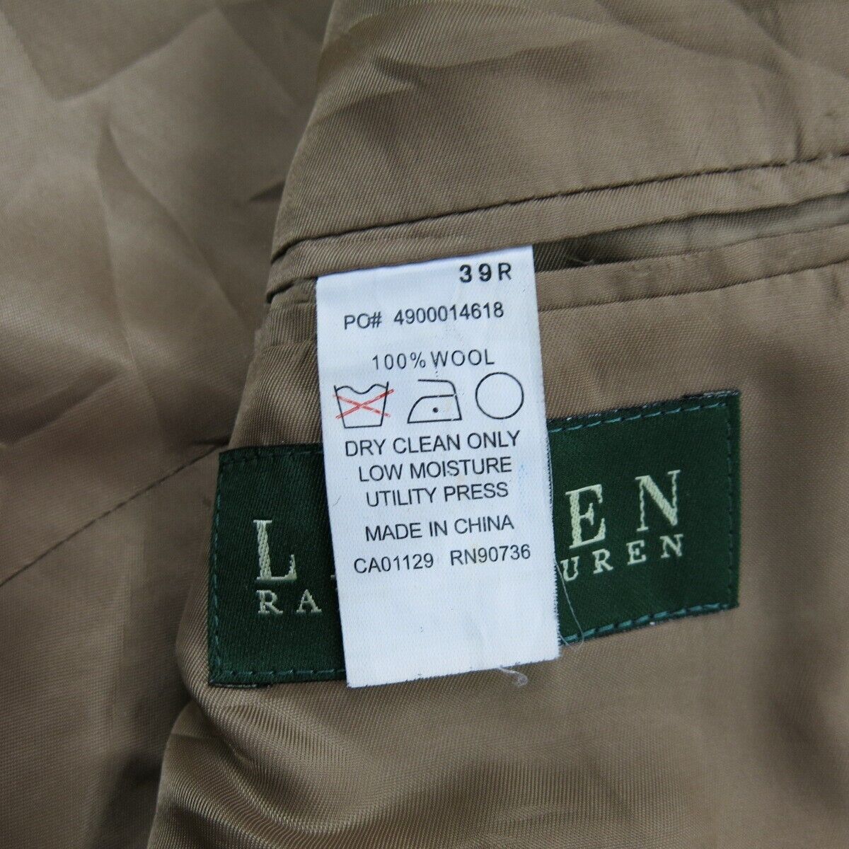Lauren Ralph Lauren Mens Blazer Coat Single Breasted Long Sleeves Brown Size 39R