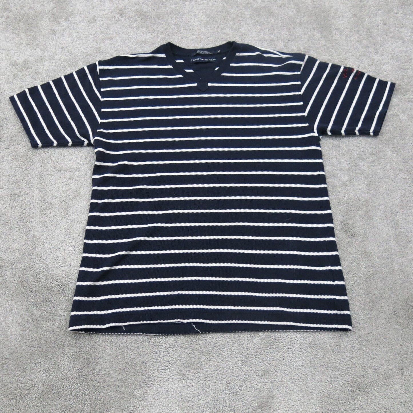 Tommy Hilfiger Mens V Neck T Shirt Striped Short Sleeves Navy Blue White Size M