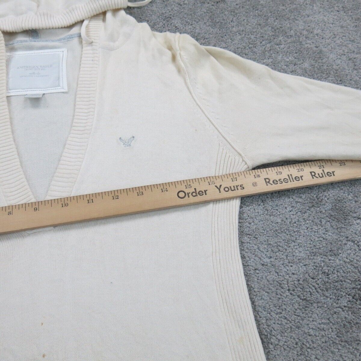 American Eagle Womens Hoodie Sweater Knitted Long Sleeves V Neck Ivory Size L/G