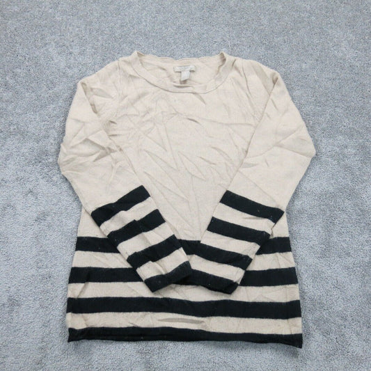 Banana Republic Women Pullover Sweater Round Neck Long Sleeve Ivory Black Size M