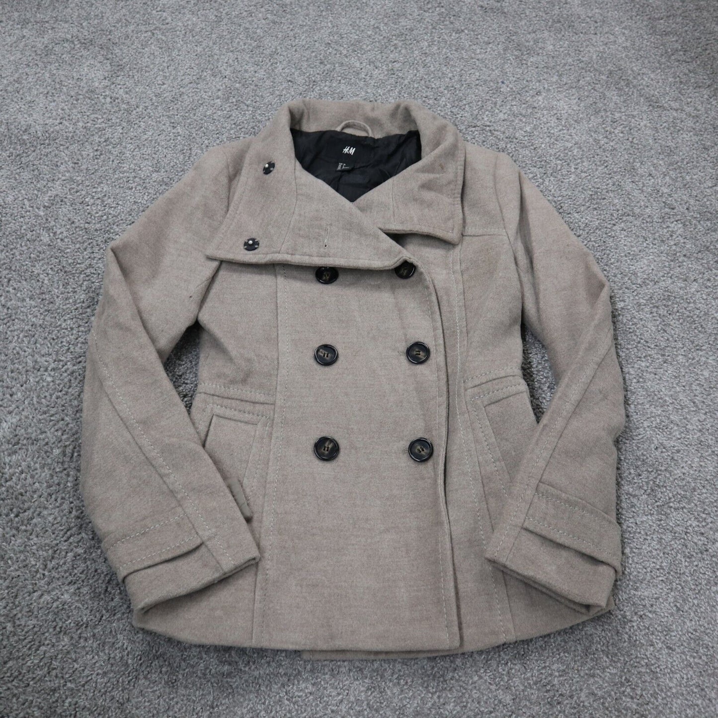 H&M Womens Double Breasted Pea Coat Long Sleeves Pockets Button Ivory Size 4