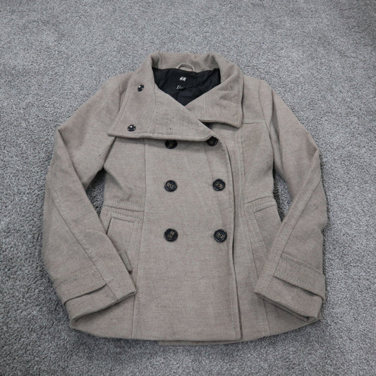 H&M Womens Double Breasted Pea Coat Long Sleeves Pockets Button Ivory Size 4