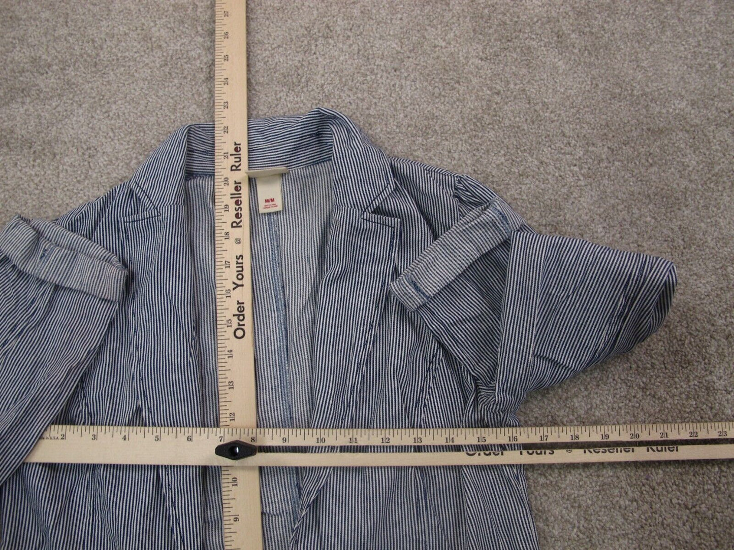 Mossimo Womens Blazer Coat Pin Striped Long Sleeves Pockets Blue White SZ Medium