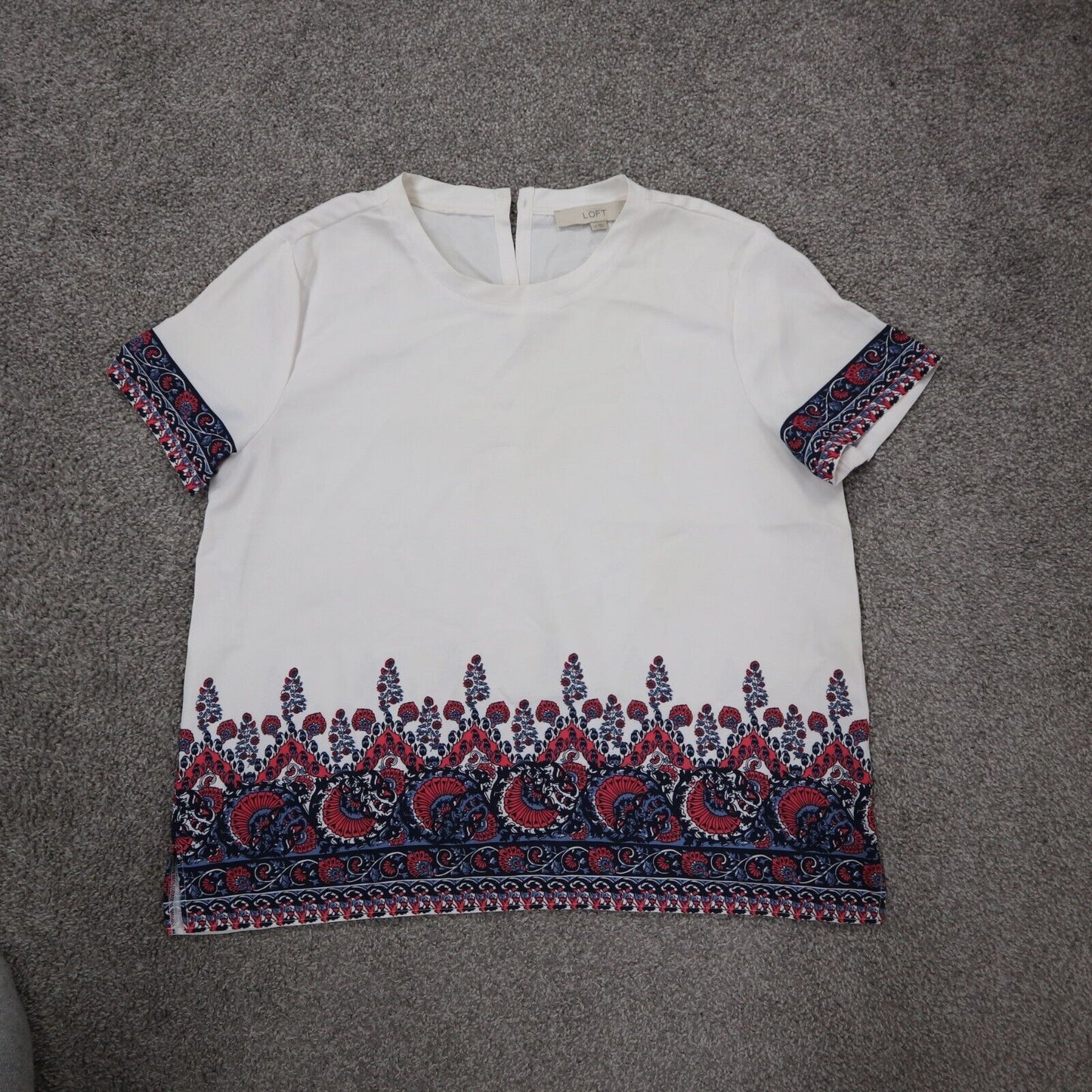 Loft Womens Blouse Top Crew Neck Floral Hem Short Sleeve White Size Large