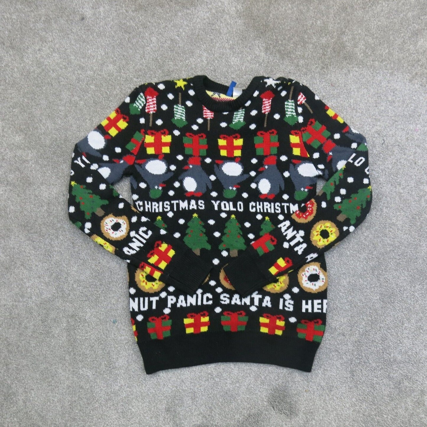 Divided H&M Mens Sweater Christmas Print Long Sleeves Crew Neck Black Size Small