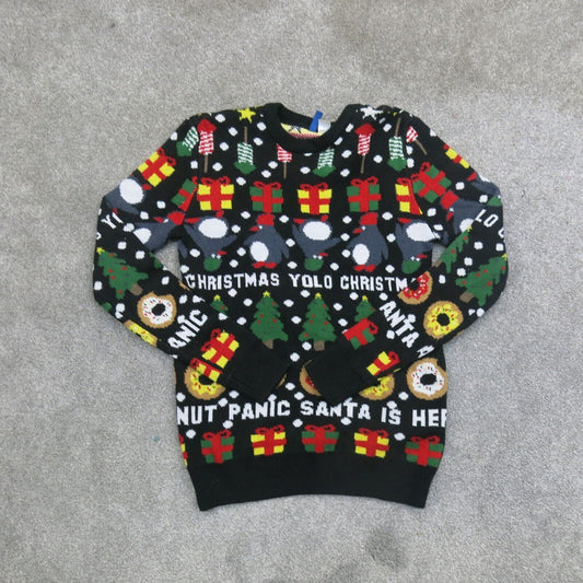 Divided H&M Mens Sweater Christmas Print Long Sleeves Crew Neck Black Size Small