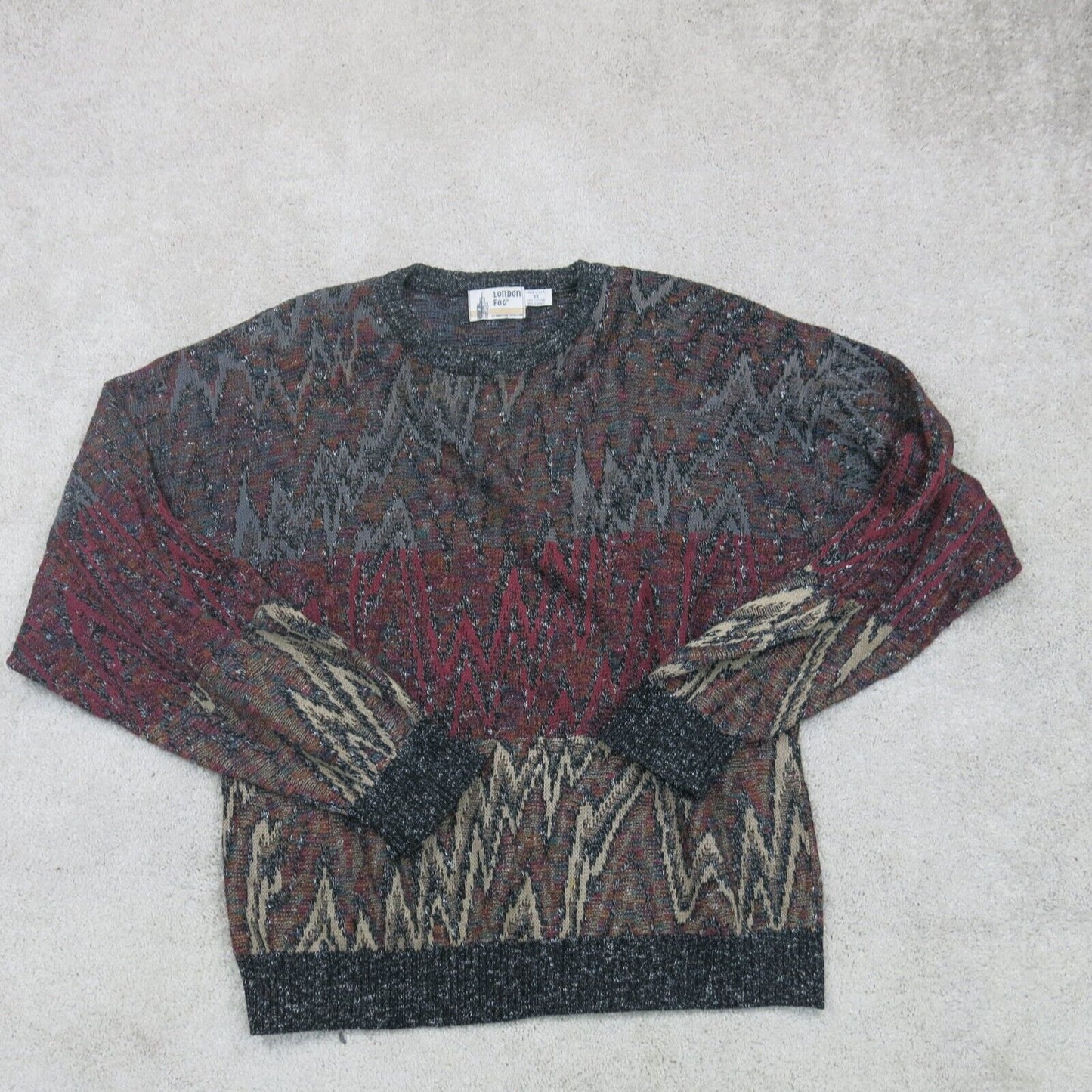 London Fog Womens Pullover Sweater Crew Neck Ribbed Cuff & Hem Waves Red Tan 3X
