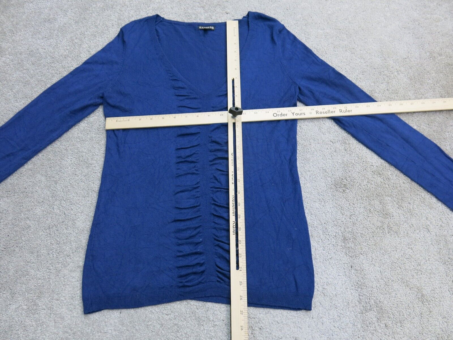 Express Womens Pullover Knitted Sweater V Neck Long Sleeve Ruffle Blue SZ Medium