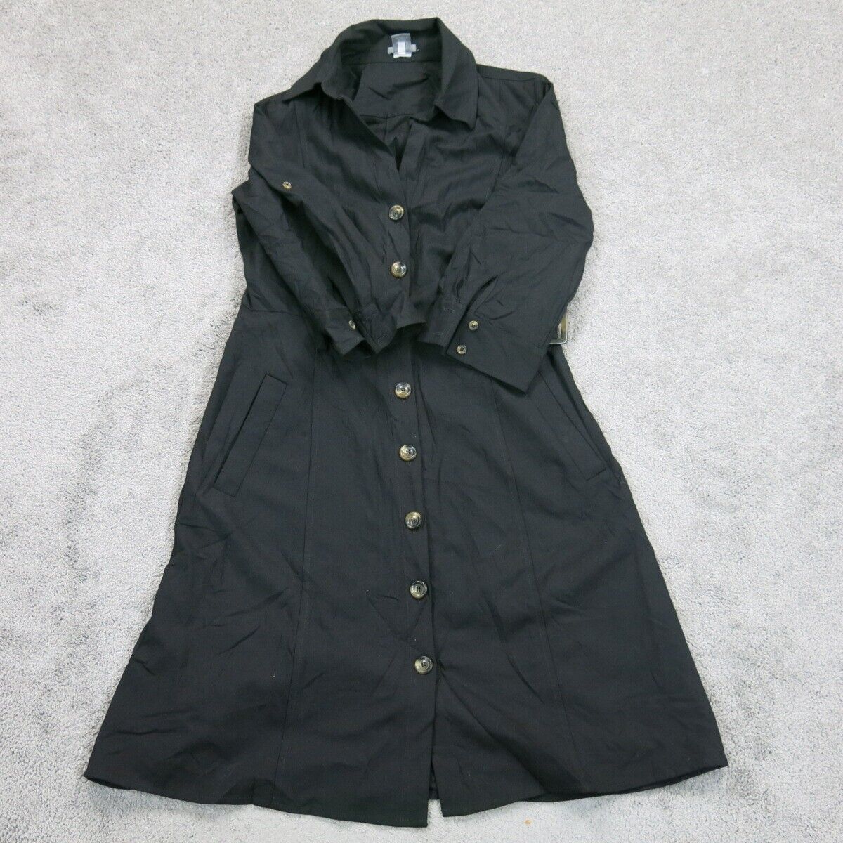 Ann Taylor Womens Trench Coat Front Button 3/4 Sleeve Belt Waist Black Size 6