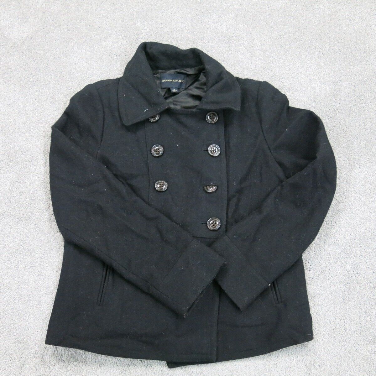 Banana Republic Womens Pea Coat Jacket Long Sleeves Pockets Black Size Medium