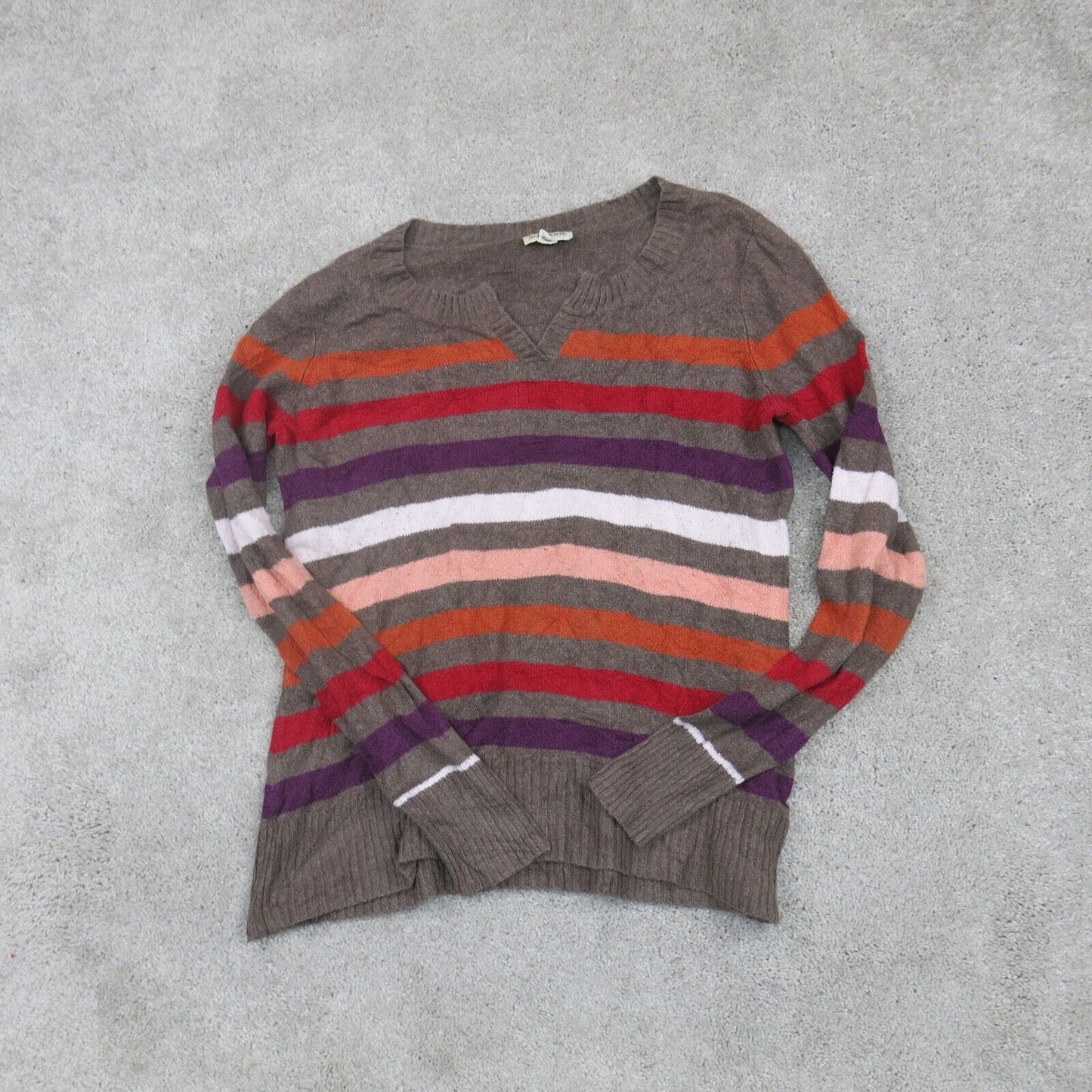ST Johns Bay Womens Pullover Sweater Keef Neck Long Sleeves Striped Brown Large