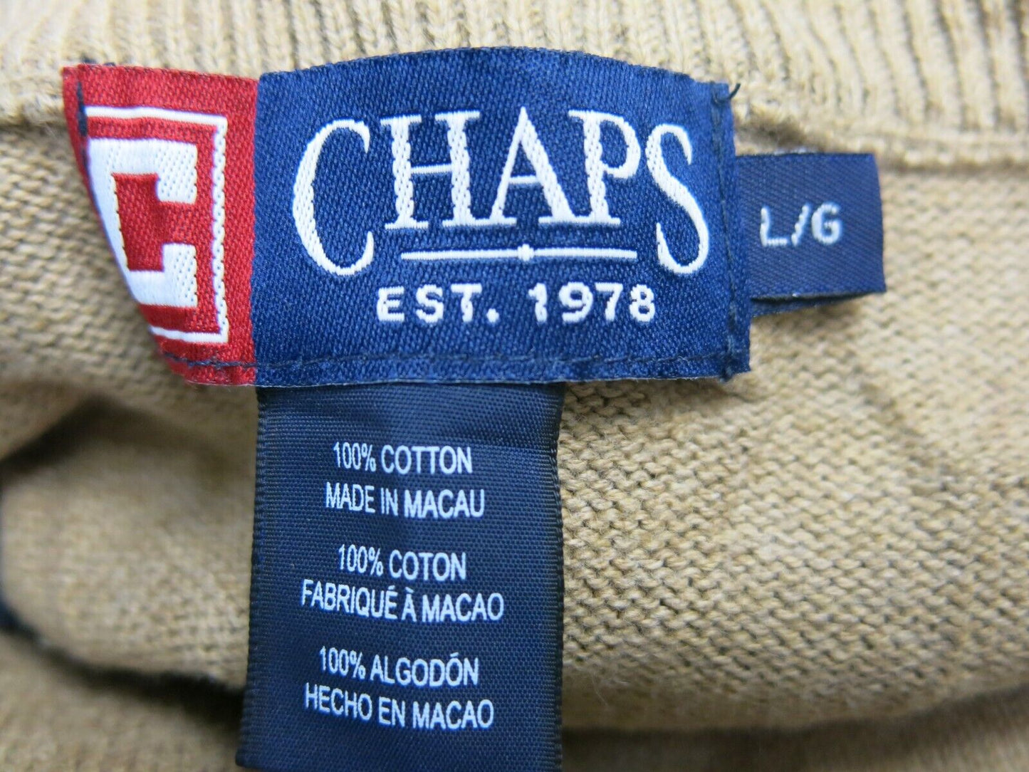 Chaps Mens Sweater Long Sleeve Pullover Crew Neck 100% Cotton Beige Size Large