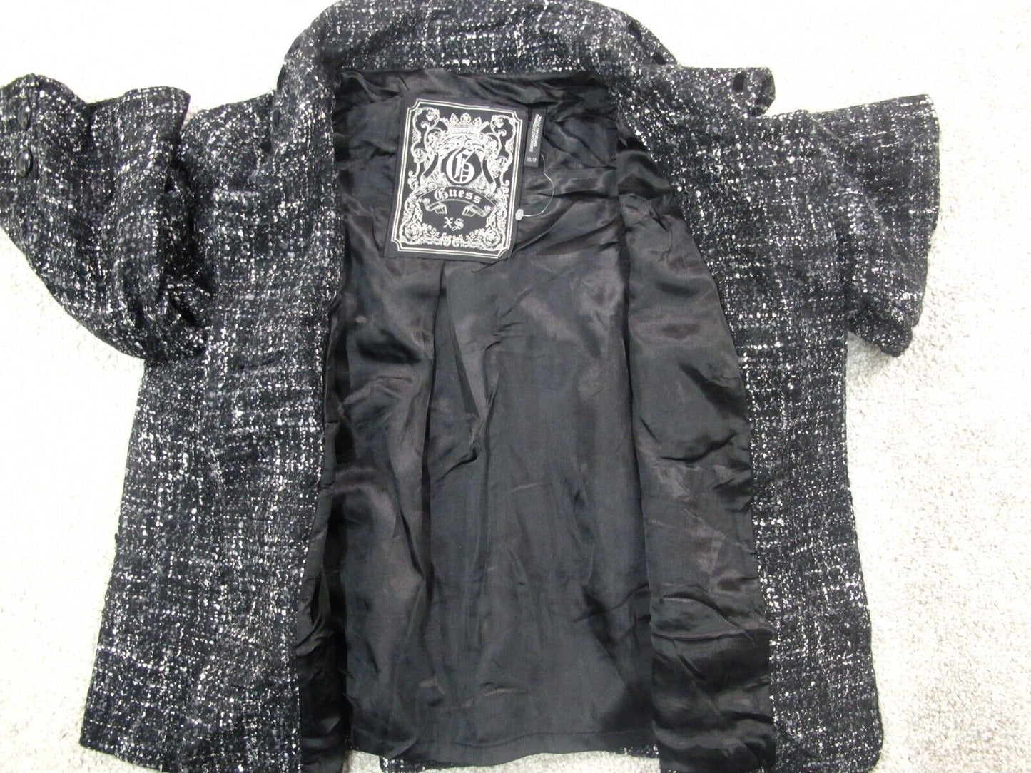 Guess Womens Blazer Coat Half Sleeves Front Button Pockets Tweed Black Size XS