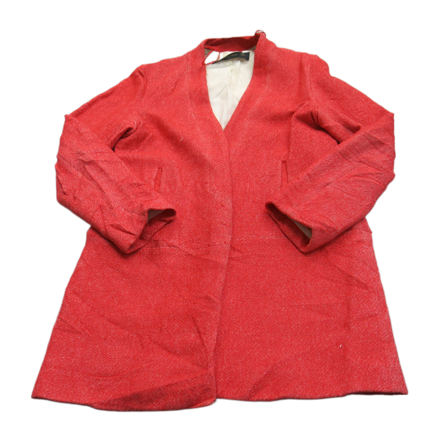 Zara Basic Womens Overcoat Open Front Long Sleeve Pockets Red Size 12