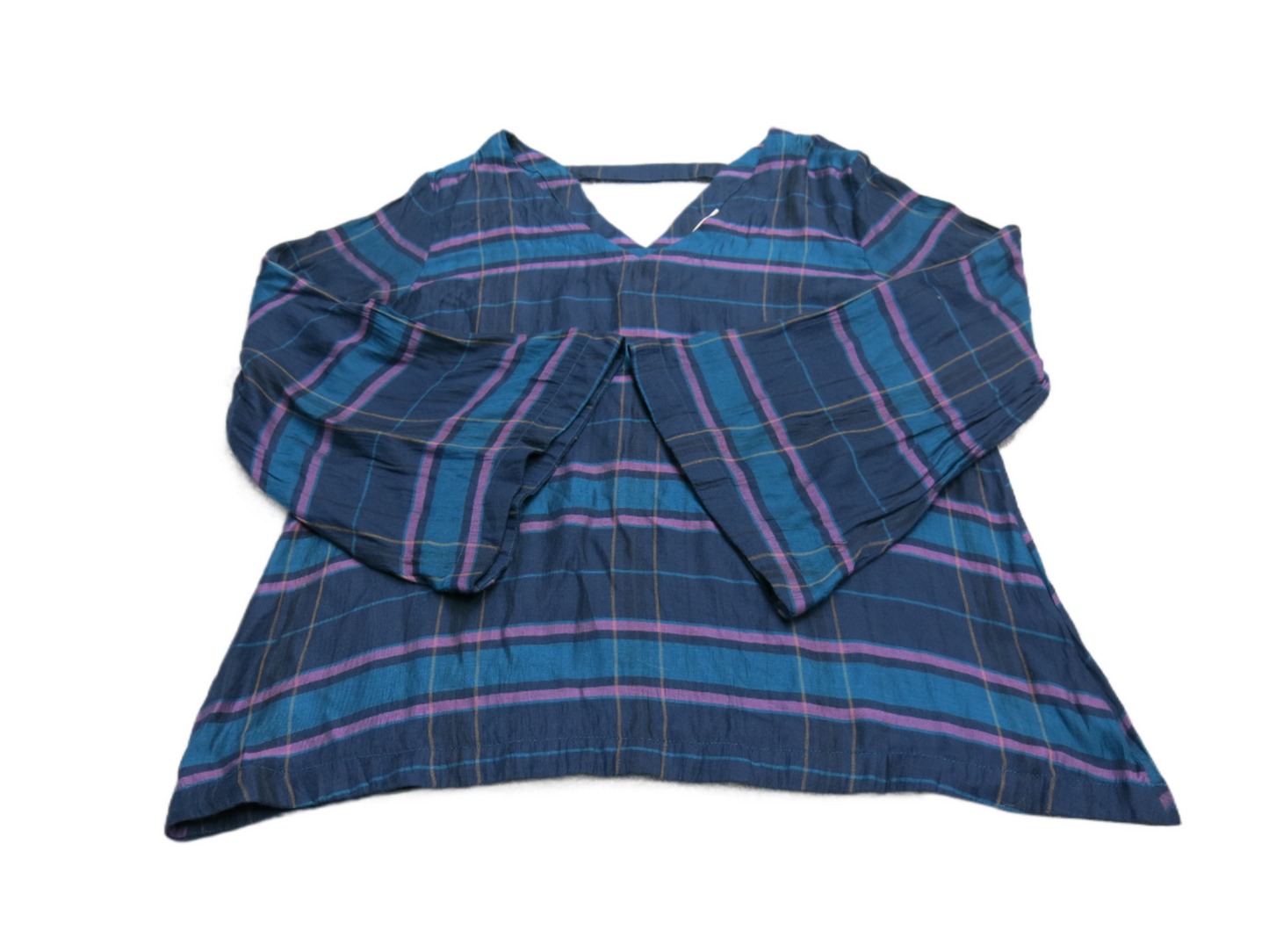 Loft Womens Blouse Top Bell Sleeves V Neck Plaid Pink Blue Size Medium