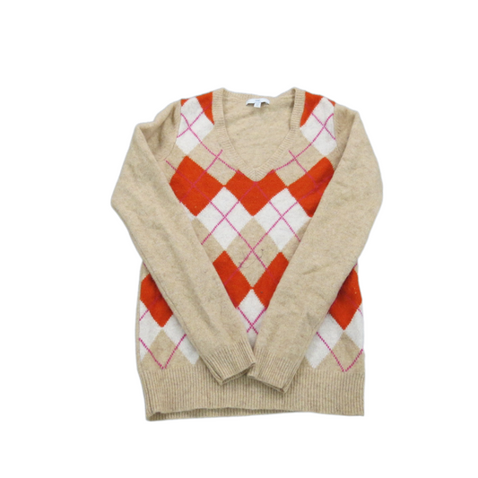 Gap Womens Pullover Knitted Argyle Sweater V Neck Long Sleeve Tan Red Size XS