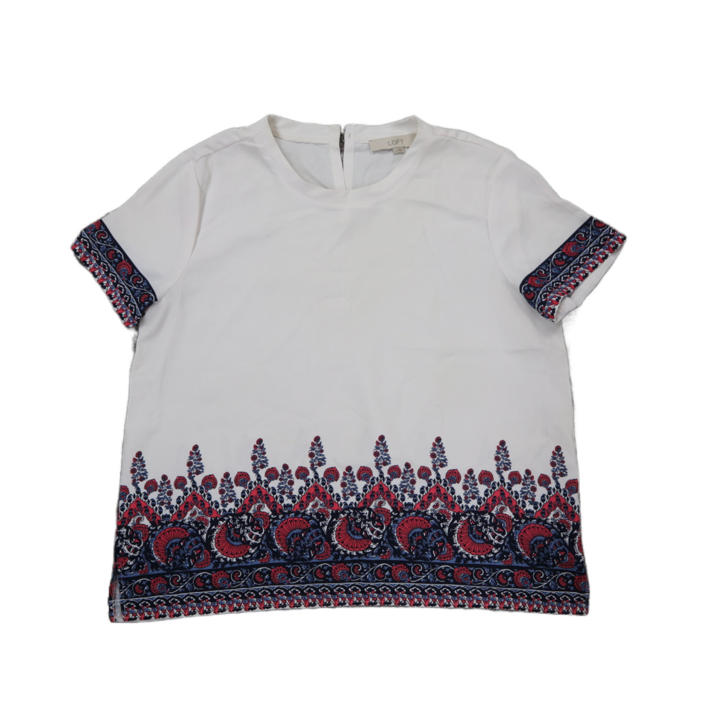 Loft Womens Blouse Top Crew Neck Floral Hem Short Sleeve White Size Large
